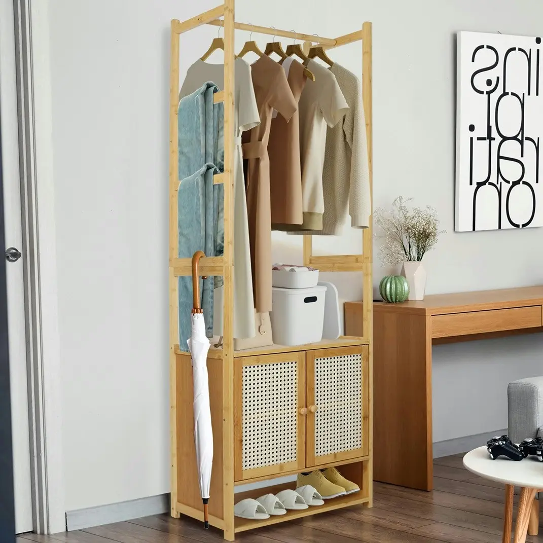 Fin Bamboo Garment Coat Rack Stand Hanging Rods Shoe Cabinet Closet Hall Door Gate - Home & Garden