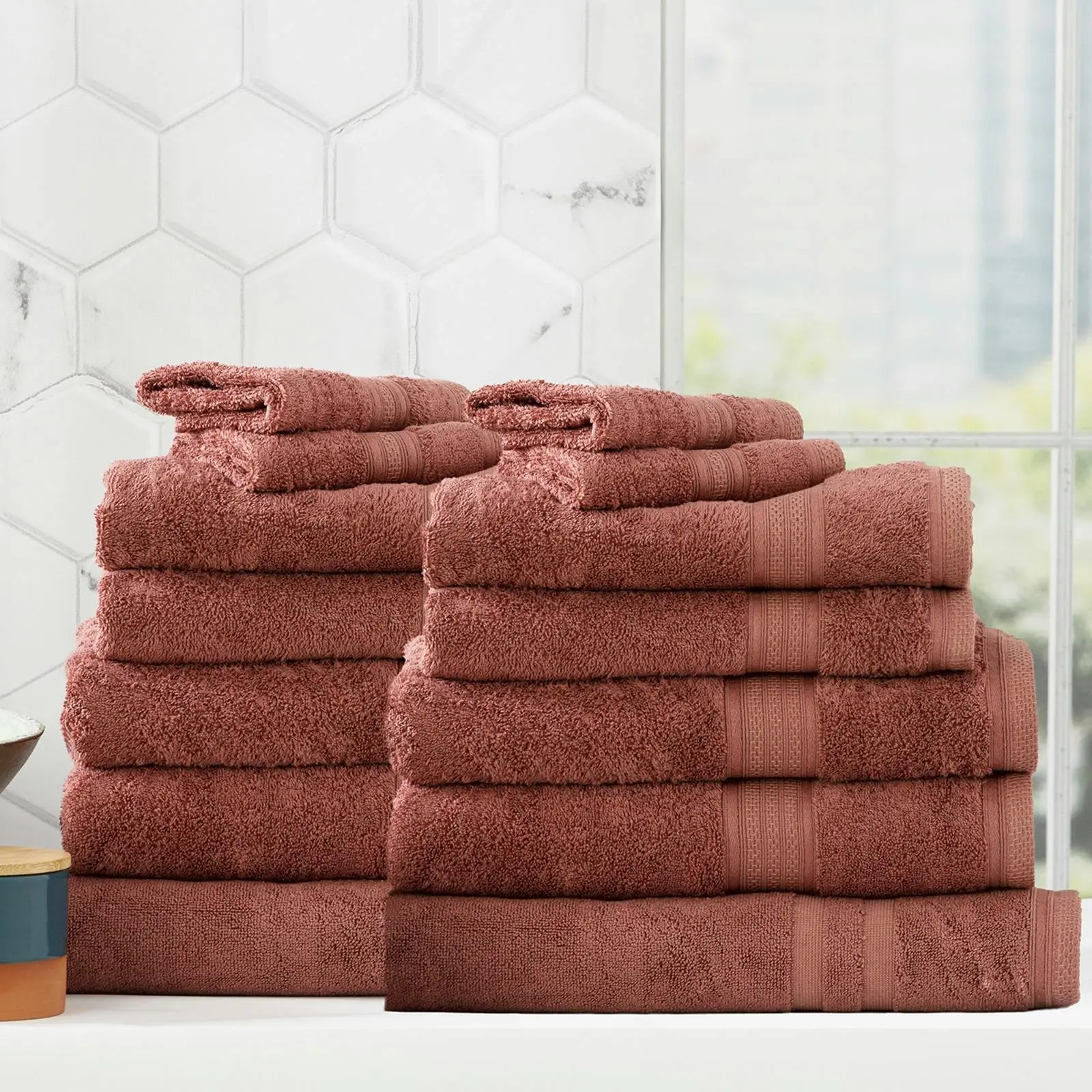 14pc Renee Taylor Stella Hand/Bath Towel/Mat Set Soft Bamboo Cotton 650GSM Brick - Home & Garden