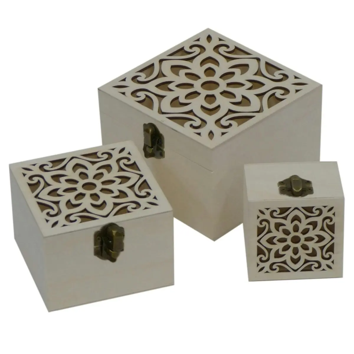 3pc Boyle Craft Square Wooden Storage Box Laser Cut Flower w/Catch Organiser Set - Home & Garden