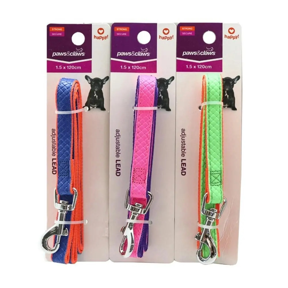 3x Paws & Claws Pet/Dog Adjustable 120cm Colourful P.U & Nylon Leash/Lead Assort - Pets