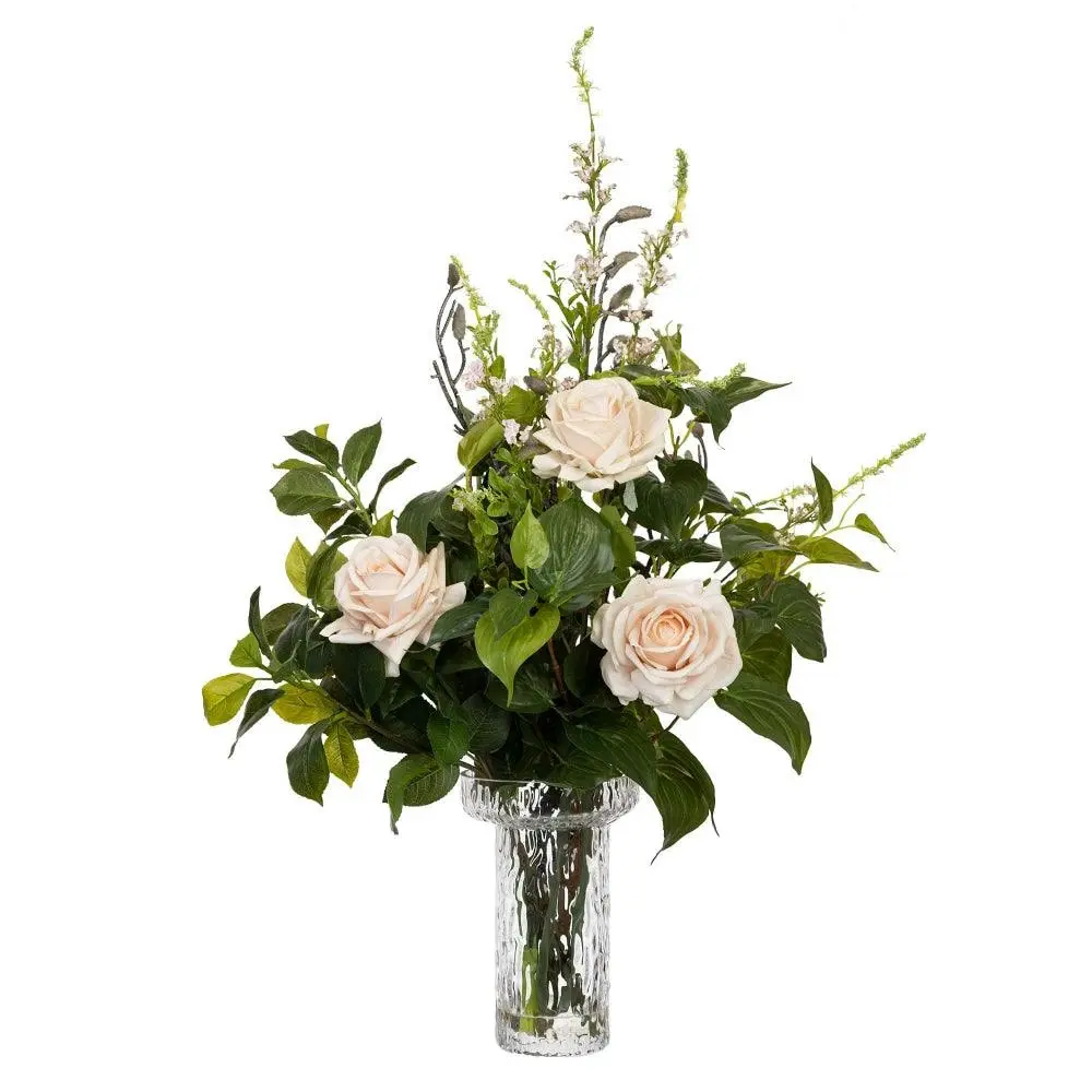 Glamorous Fusion Rose Arrangement Artificial Fake Plant Decorative 70cm In Glass - White
