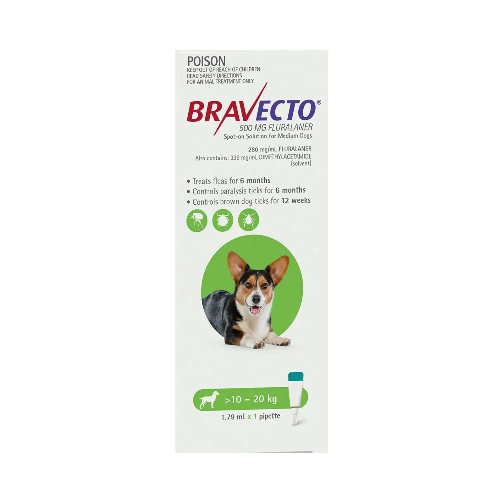 BRAVECTO Spot On For Medium Dogs 10-20Kg (Green) 2 Pipettes