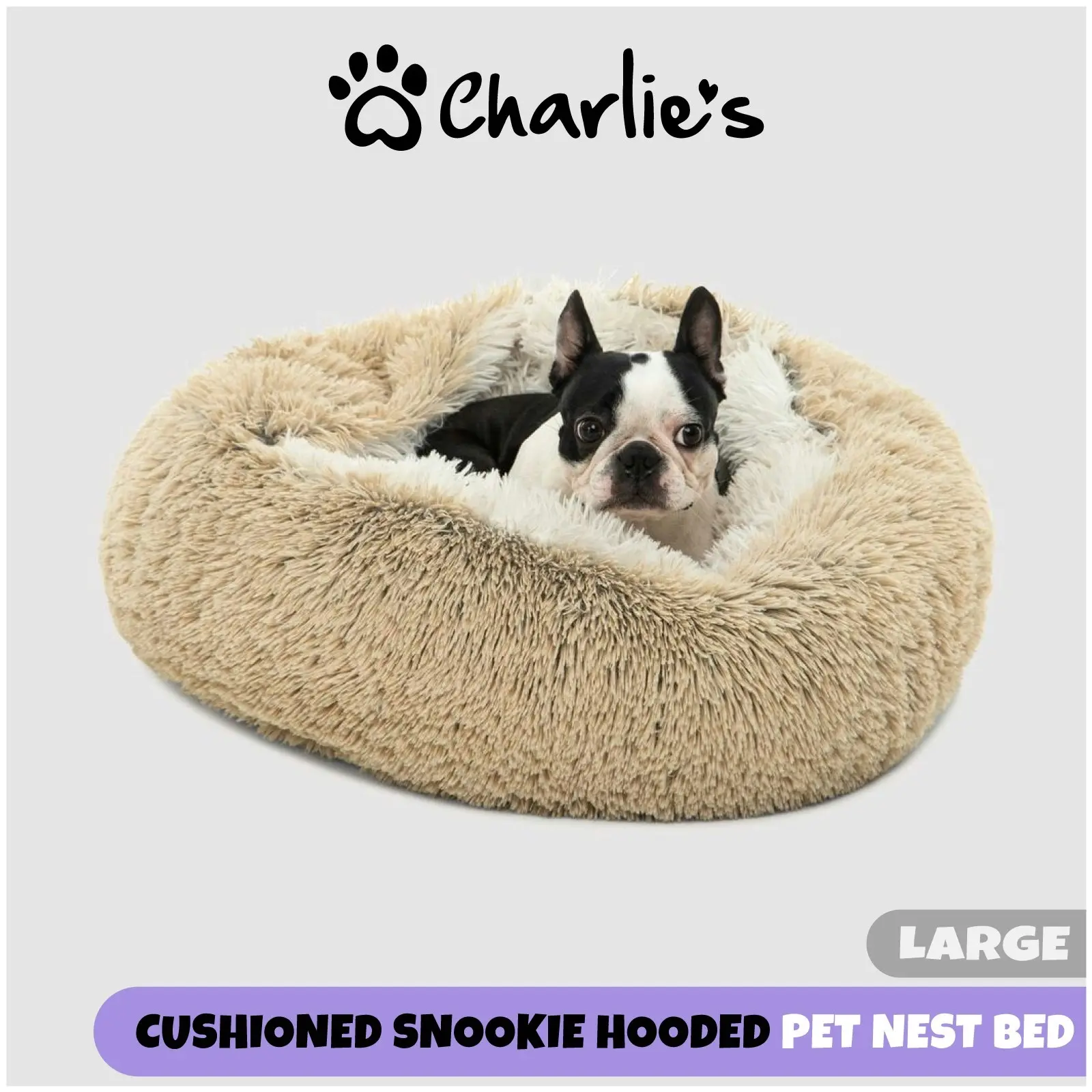 Charlie's Snookie Hooded Faux Fur Calming Dog Bed Cream Large - Pets