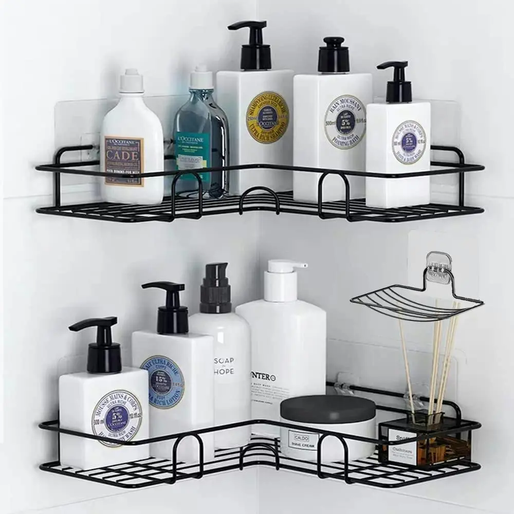 Corner Shower Shelf with Hooks (Matte Black) - Furniture