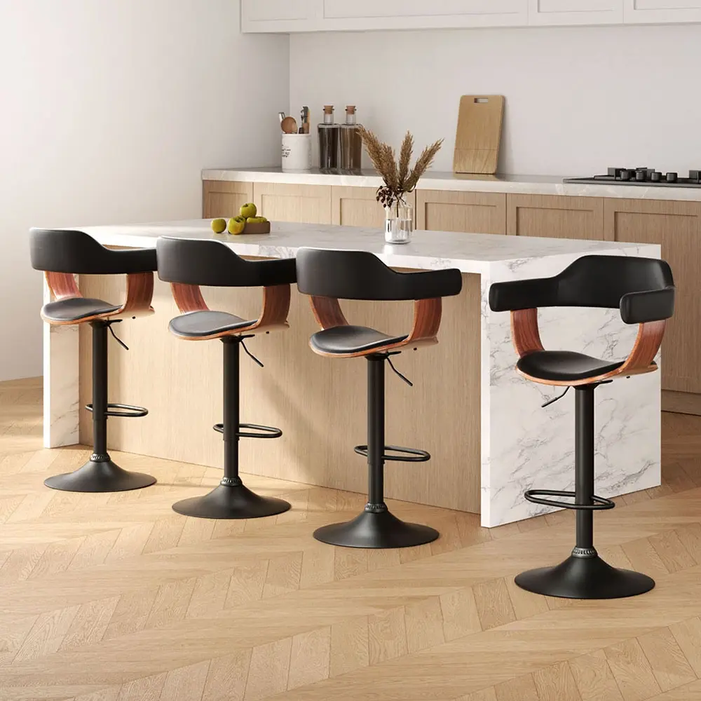 Artiss 4x Bar Stools Gas Lift Leather w/Armrest All Black - Furniture