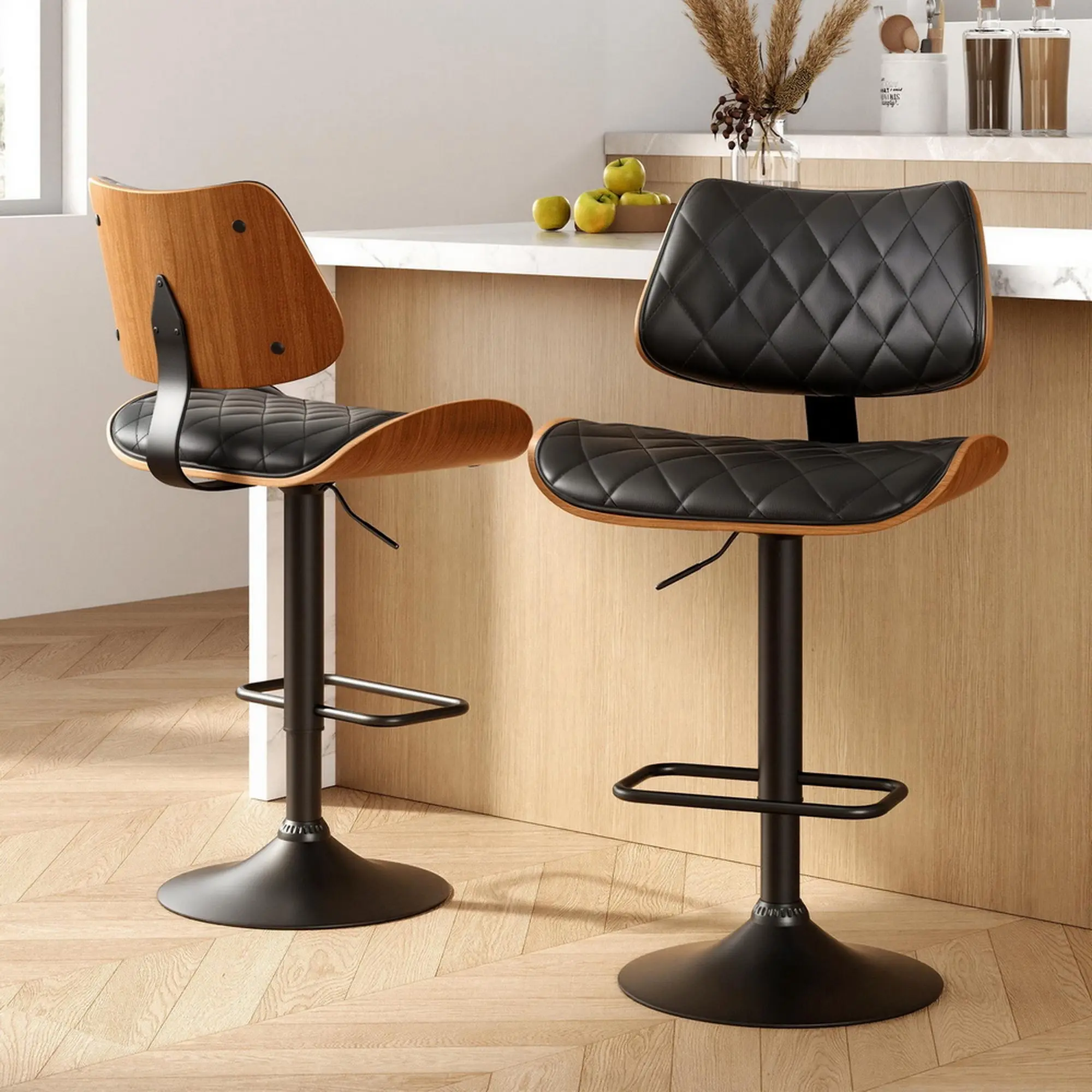 Artiss 2x Bar Stools Kitchen Dining Chairs Gas Lift Stool Wooden Leather Black - Furniture