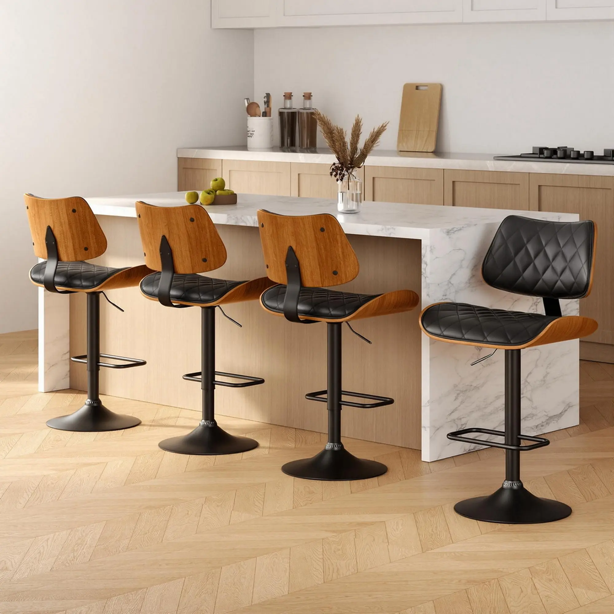 Artiss 4x Bar Stools Kitchen Dining Chairs Gas Lift Stool Wooden Leather Black - Furniture