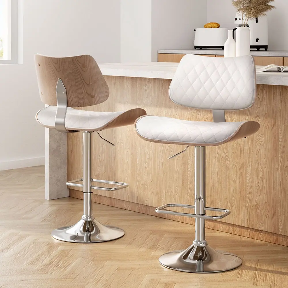 Artiss 2x Bar Stools Kitchen Dining Chairs Gas Lift Stool Wooden Leather White - Furniture