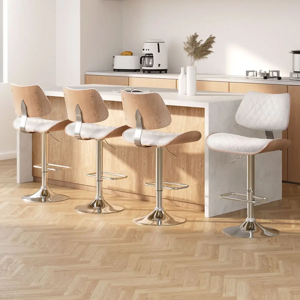 Artiss 4x Bar Stools Kitchen Dining Chairs Gas Lift Stool Wooden Leather White - Furniture