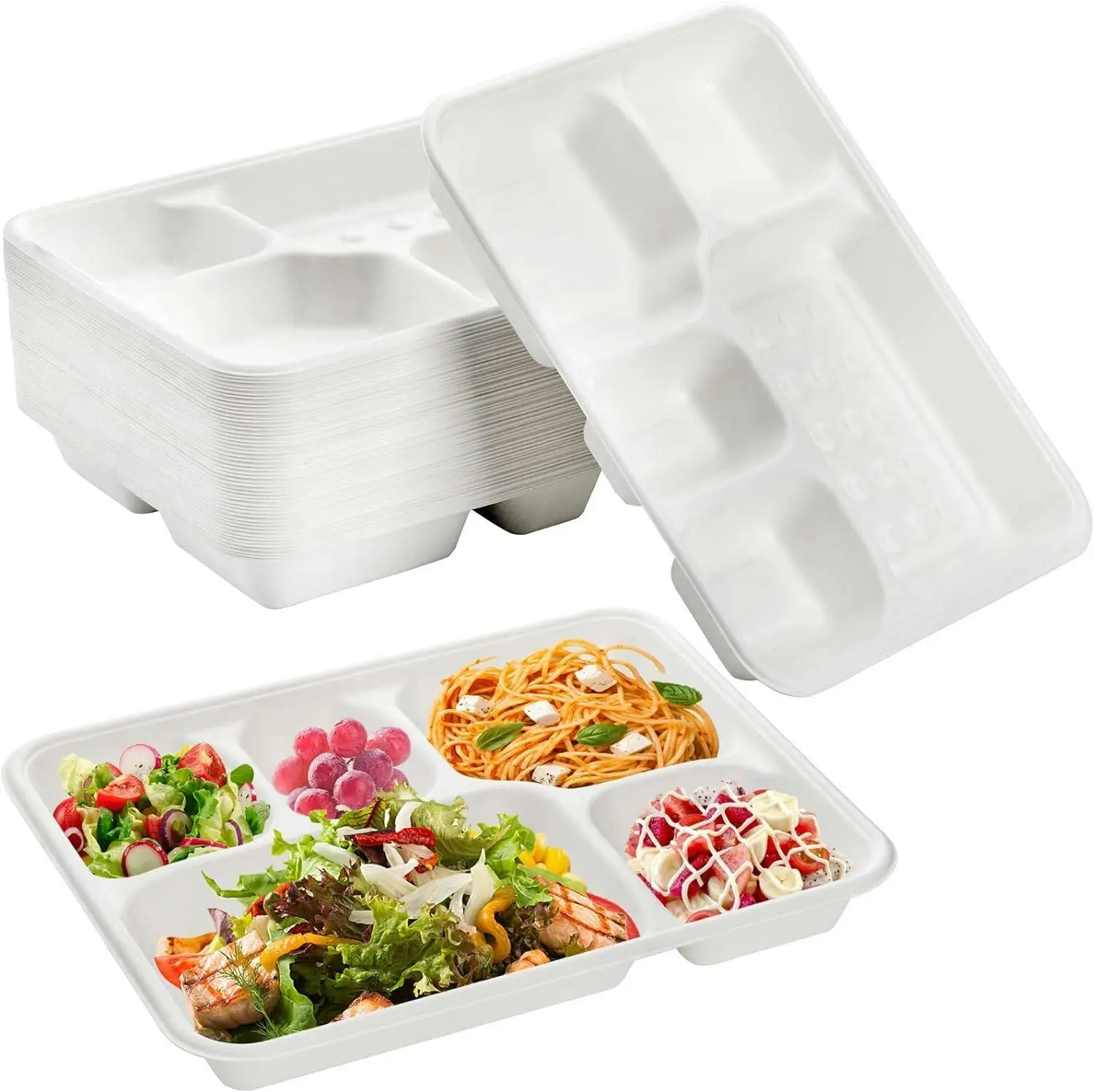 240pcs Sugarcane Bagasse 5 Deep Compartment Lunch Paper Tray Plates 28x22cm Bulk - Commercial