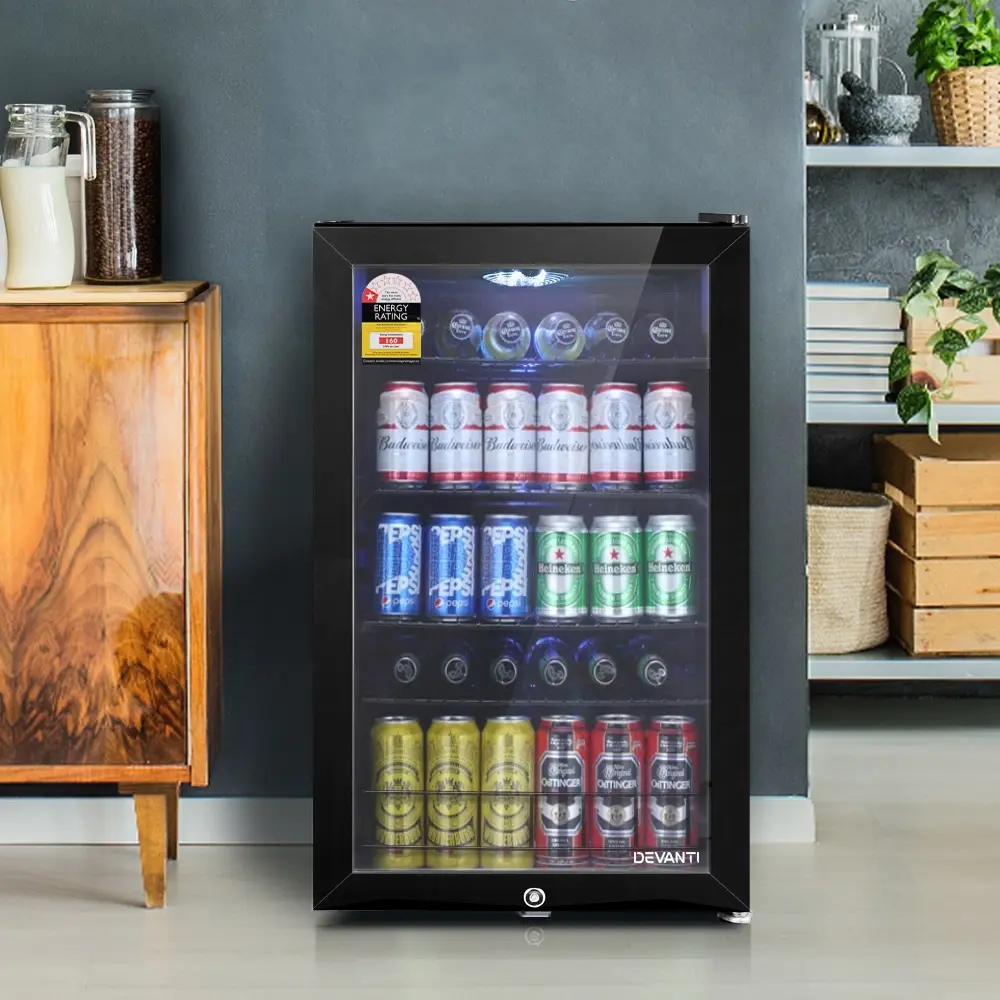 Devanti 130L Bar Fridge Glass Door w/Light Black - Home & Garden