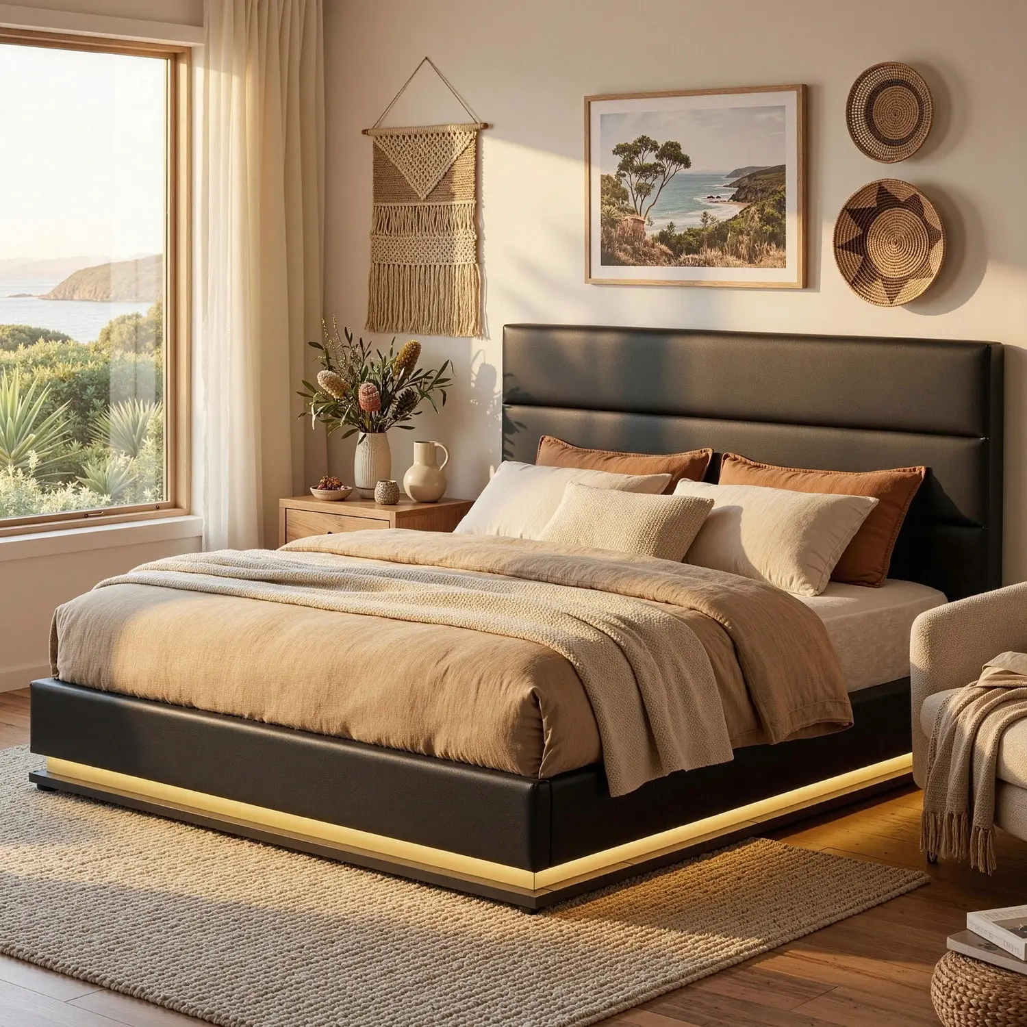 Artiss Bed Frame Queen Size LED Gas Lift Black LUMI - Top Selling Beds