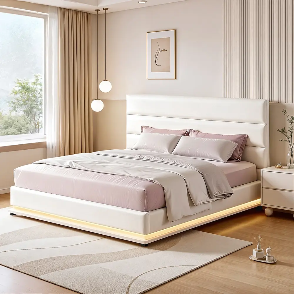 Artiss Bed Frame Queen Size LED Gas Lift White LUMI - Top Selling Beds