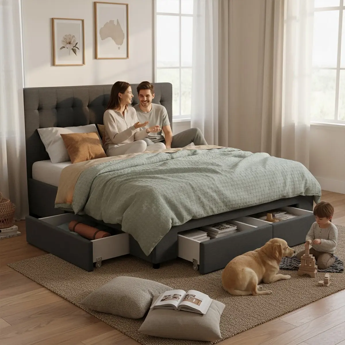 Artiss Bed Frame Queen Size with 4 Drawers Charcoal AVIO - Furniture