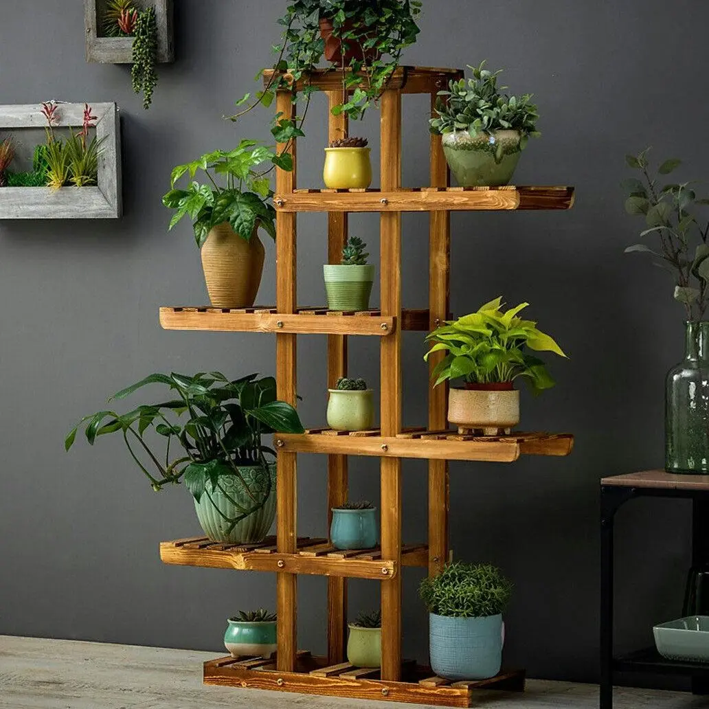 Fin 6-Tier Flower Rack Wood Plant Stand 12 Pots Bonsai Display Shelf Indoor Outdoor