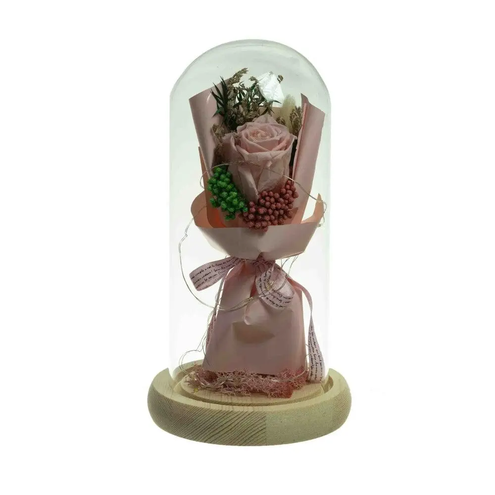 Glamorous Fusion Pink Floral Artificial Fake Plant Decorative 21cm In Glass Dome - Home & Garden