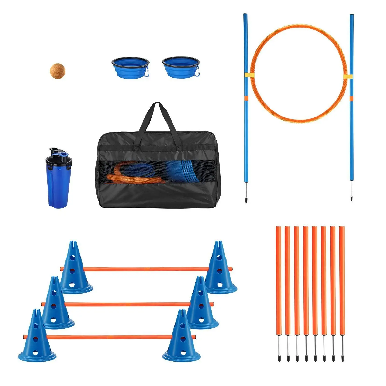 Pet Scene Dog Agility Equipment 7 Set Pet Obstacle Training Course Supplies Jump Puppy Hurdle Cones Weave Poles Carry Bag Water Bottle Bowl - Pets