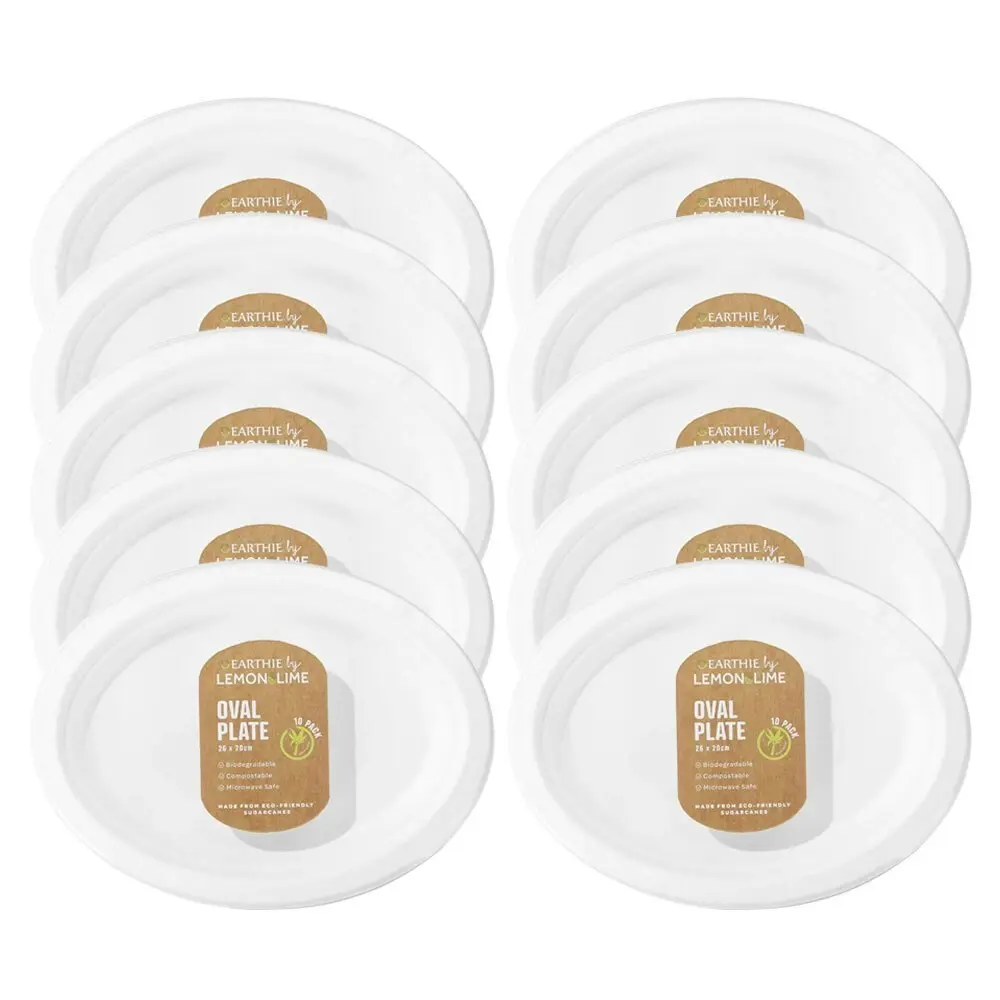 100pc Lemon & Lime Eco/Biodegradable/Compostable Disposable 26cm Oval Plate Whit - Hobbies