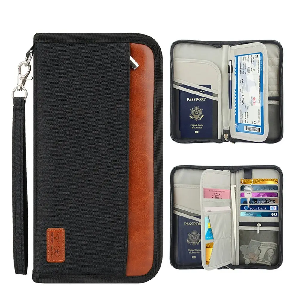 Travel Passport RFID Wallet Documents Organizer Zipper Case With Wristlet Strap - Fashion