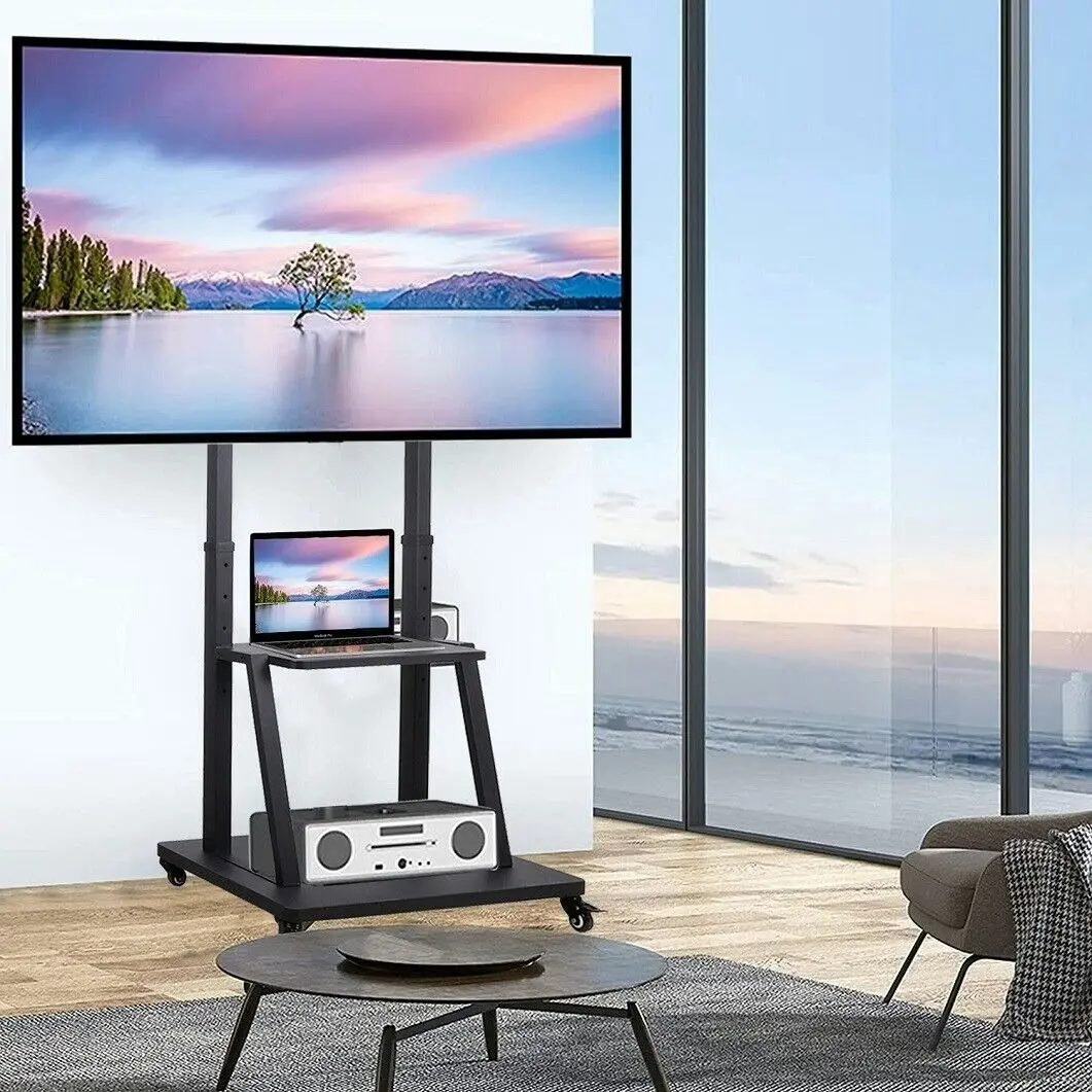 Fin 32-100" Moblle Tv Cart Floor Stand Bracket Shelves For Super Large Tvs Hold 80Kg