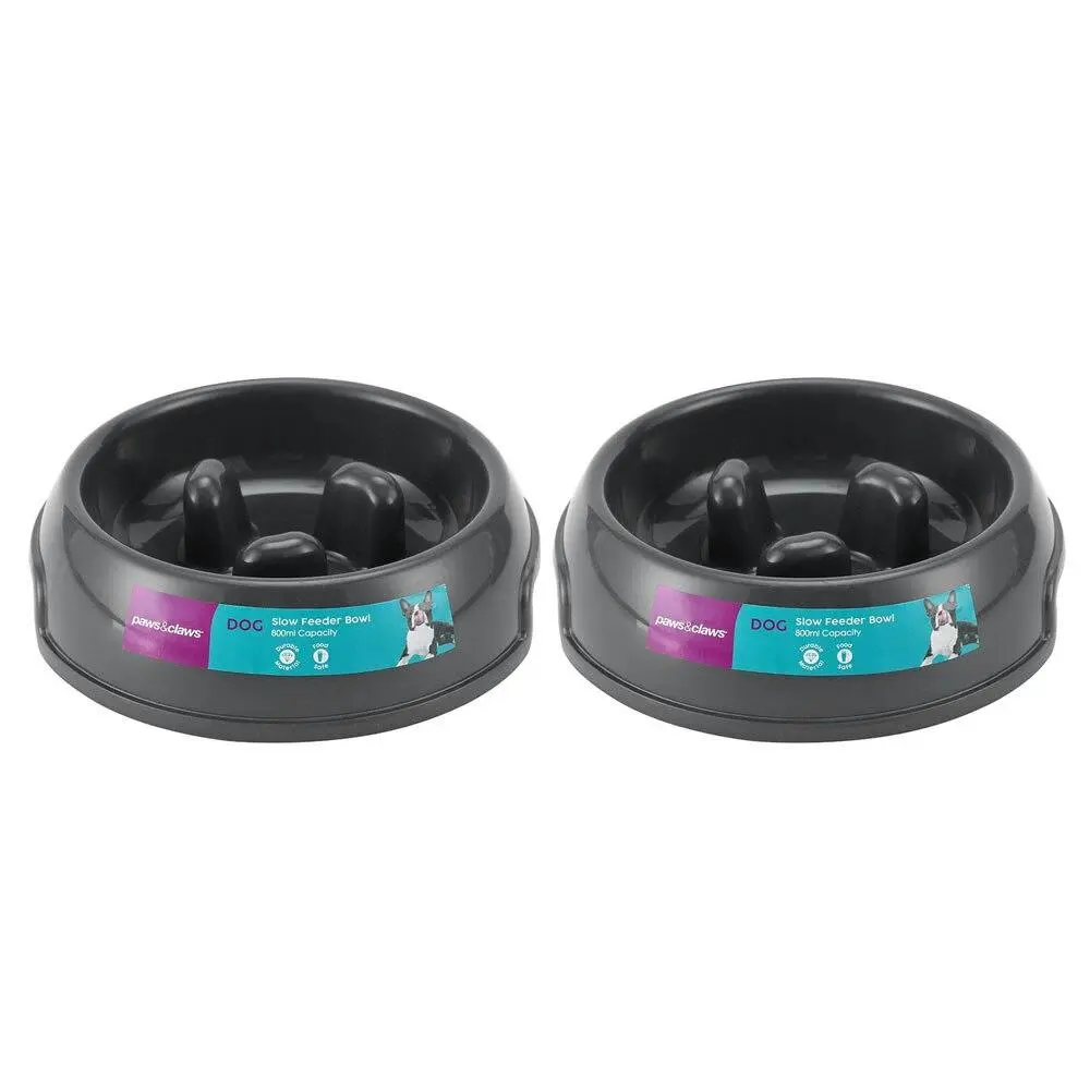 2PK Paws & Claws 800ml Slow Ridged Feeder Pet Dog/Cat Food Drinking Bowl Plate - Pets