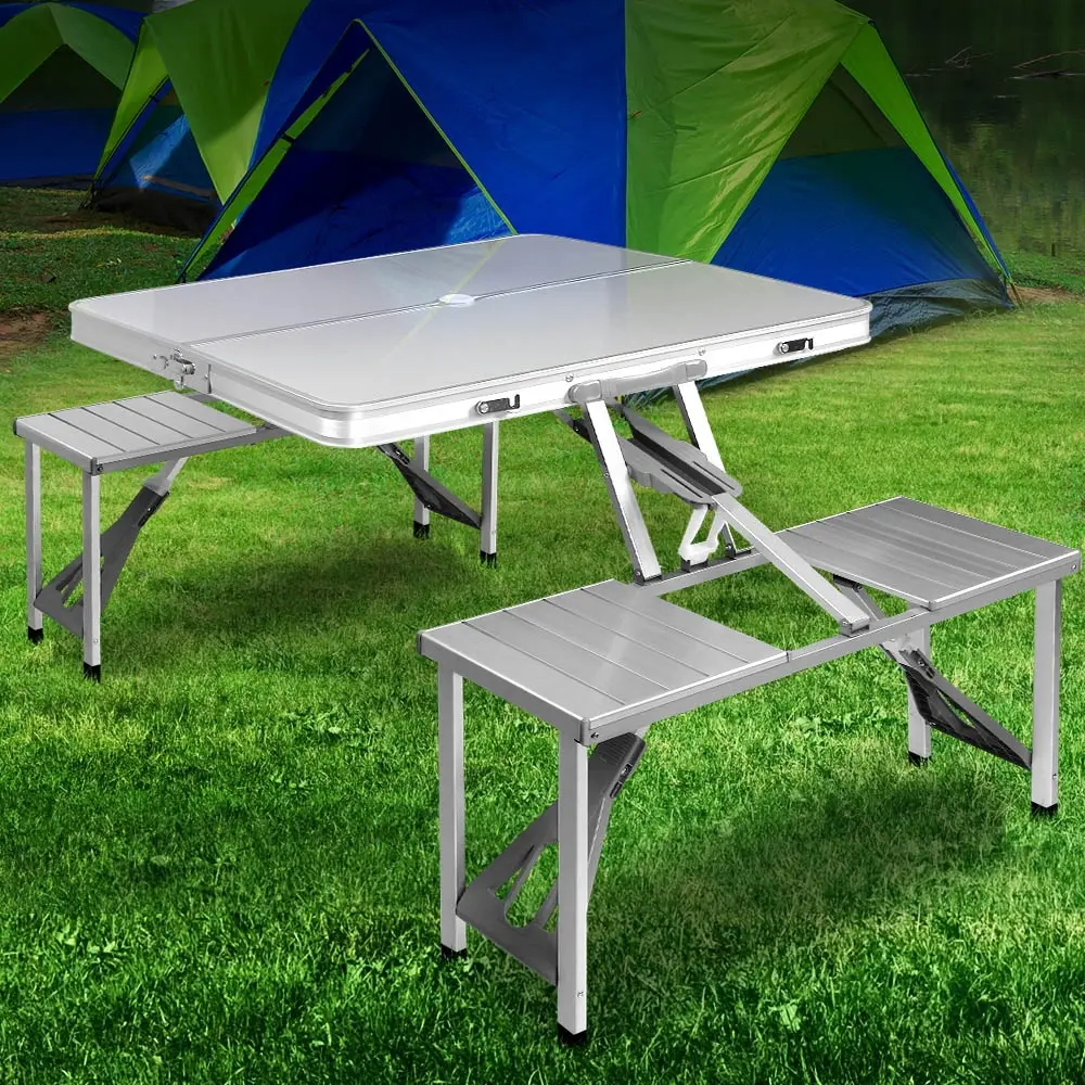 Weisshorn Folding Camping Table Outdoor Picnic BBQ With 2 Bench Chairs Set - Sports & Outdoor
