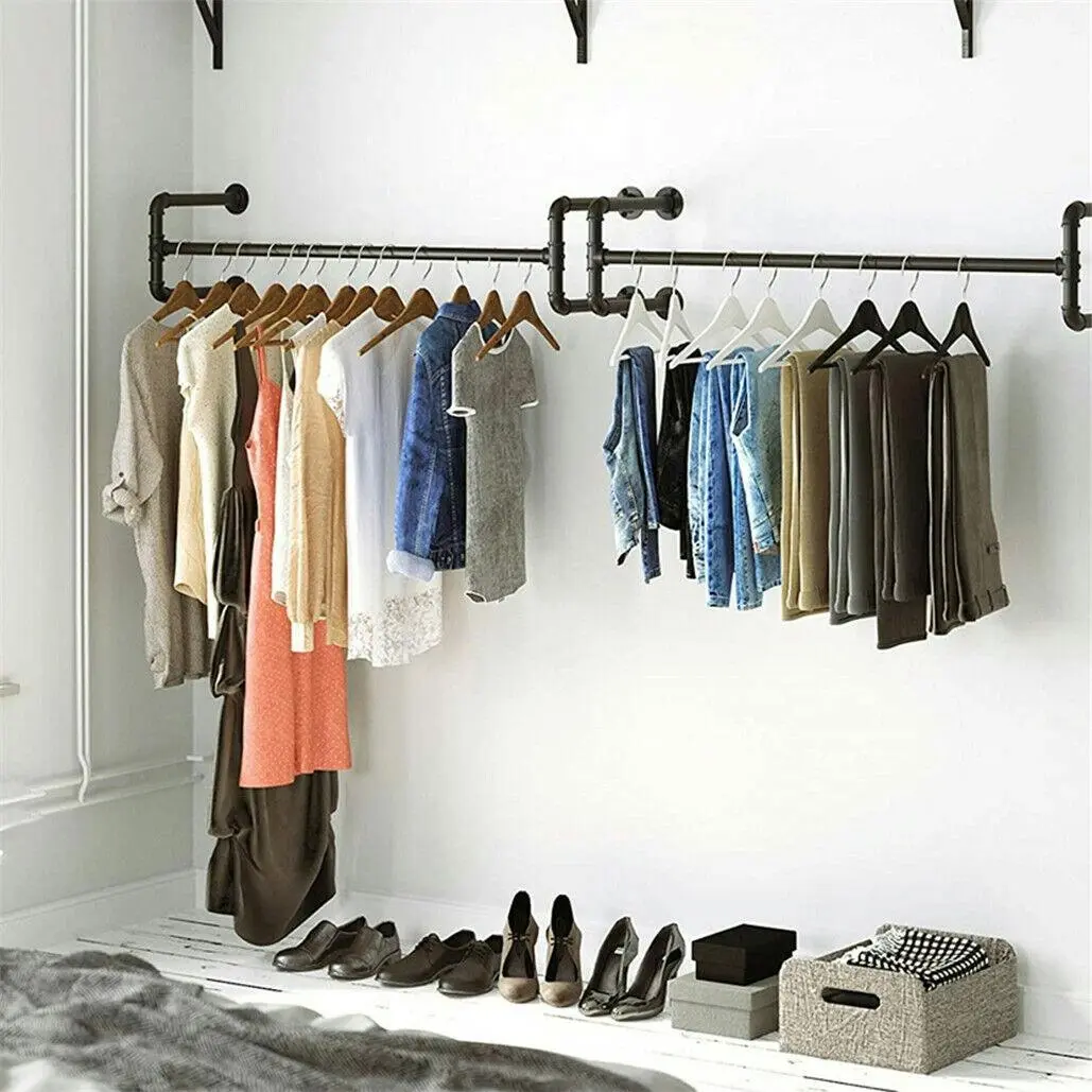 Wall-Mounted Iron Pipe Clothes Rack Organizer