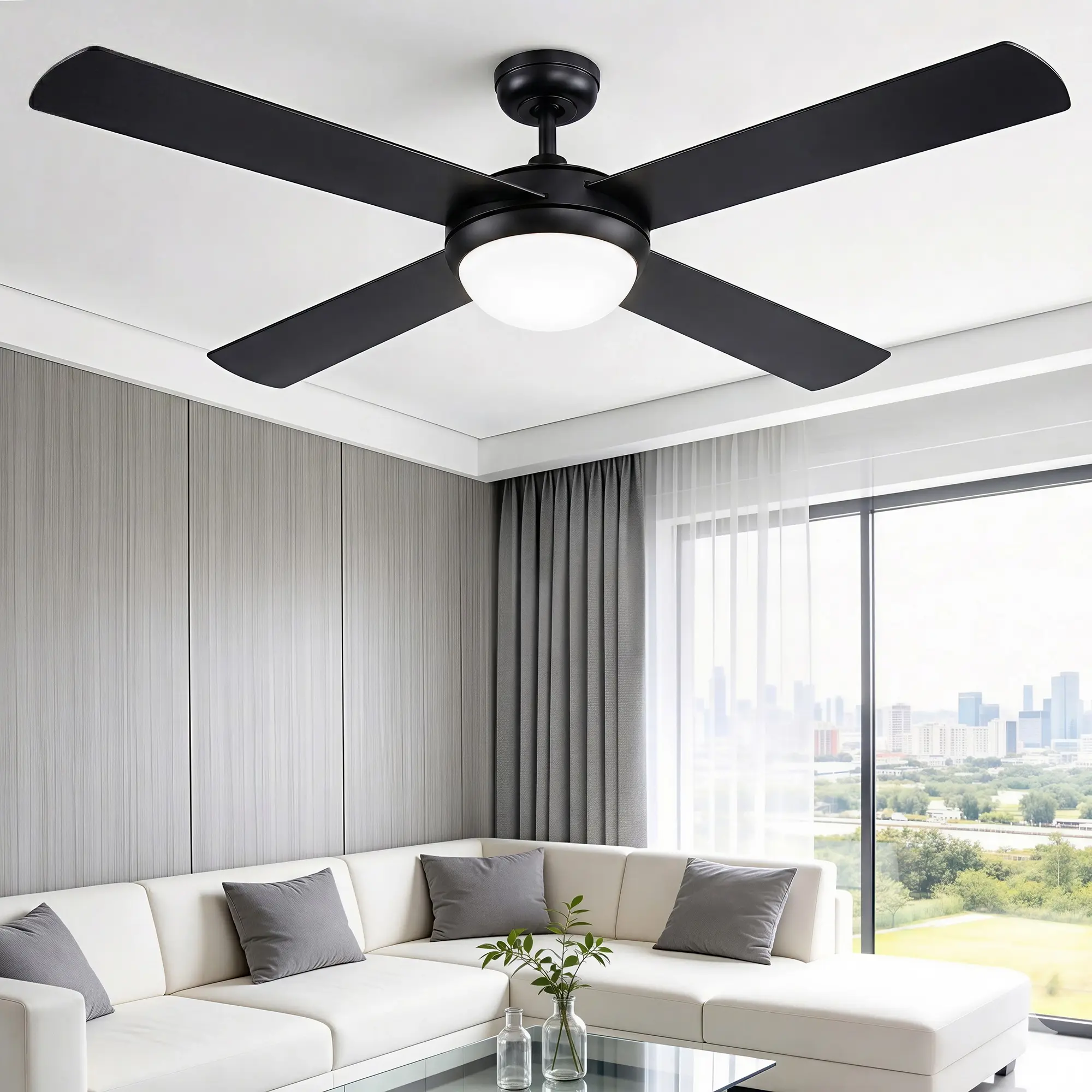 Devanti 52'' Ceiling Fan DC Motor 4 Blades LED Light Remote Control Timer Black - Home & Garden