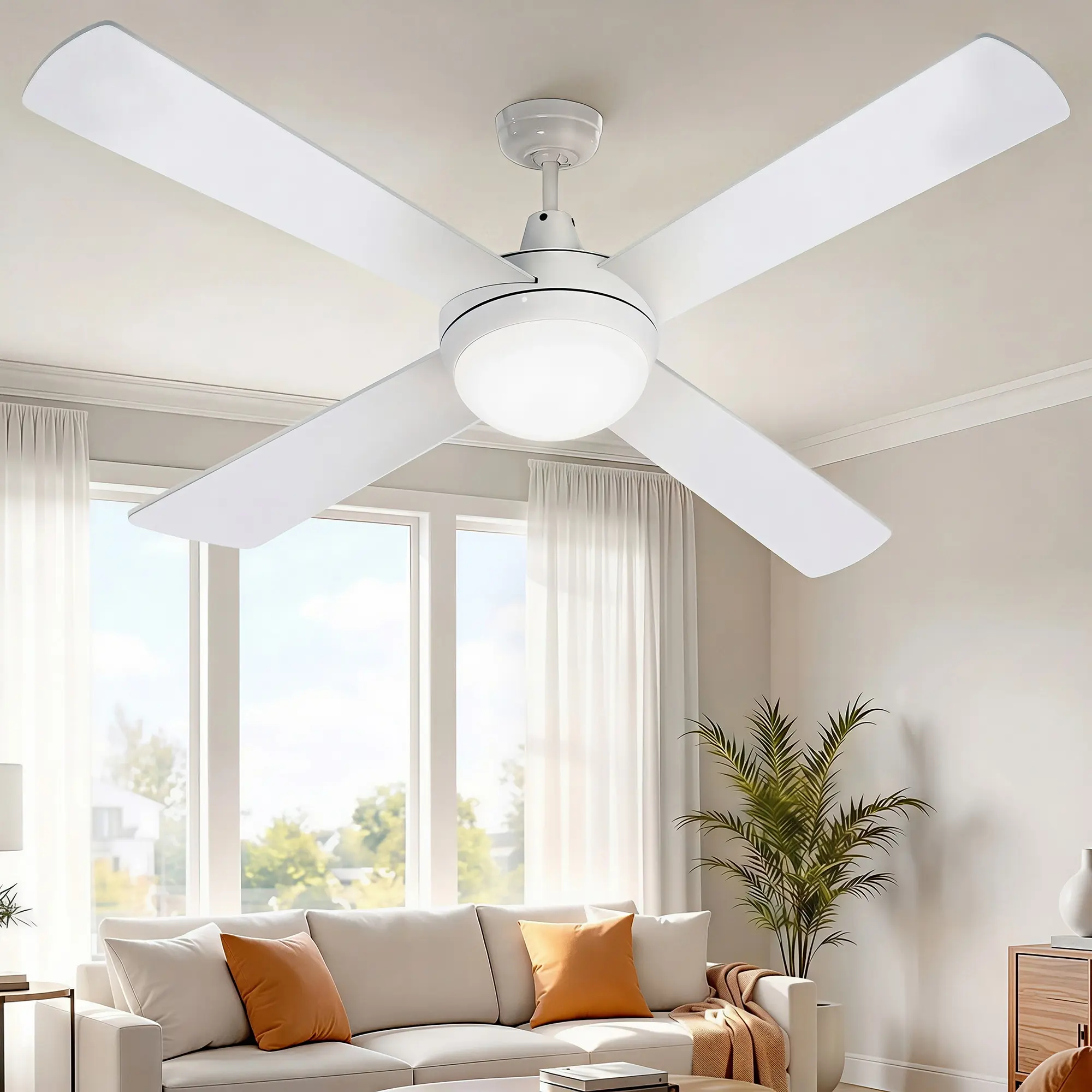Devanti 52'' Ceiling Fan DC Motor 4 Blades LED Light Remote?Control Timer White - Home & Garden