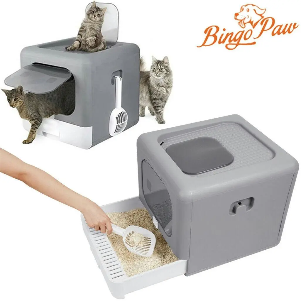 Self-Cleaning Enclosed Cat Litter Box with Hood and Tray
