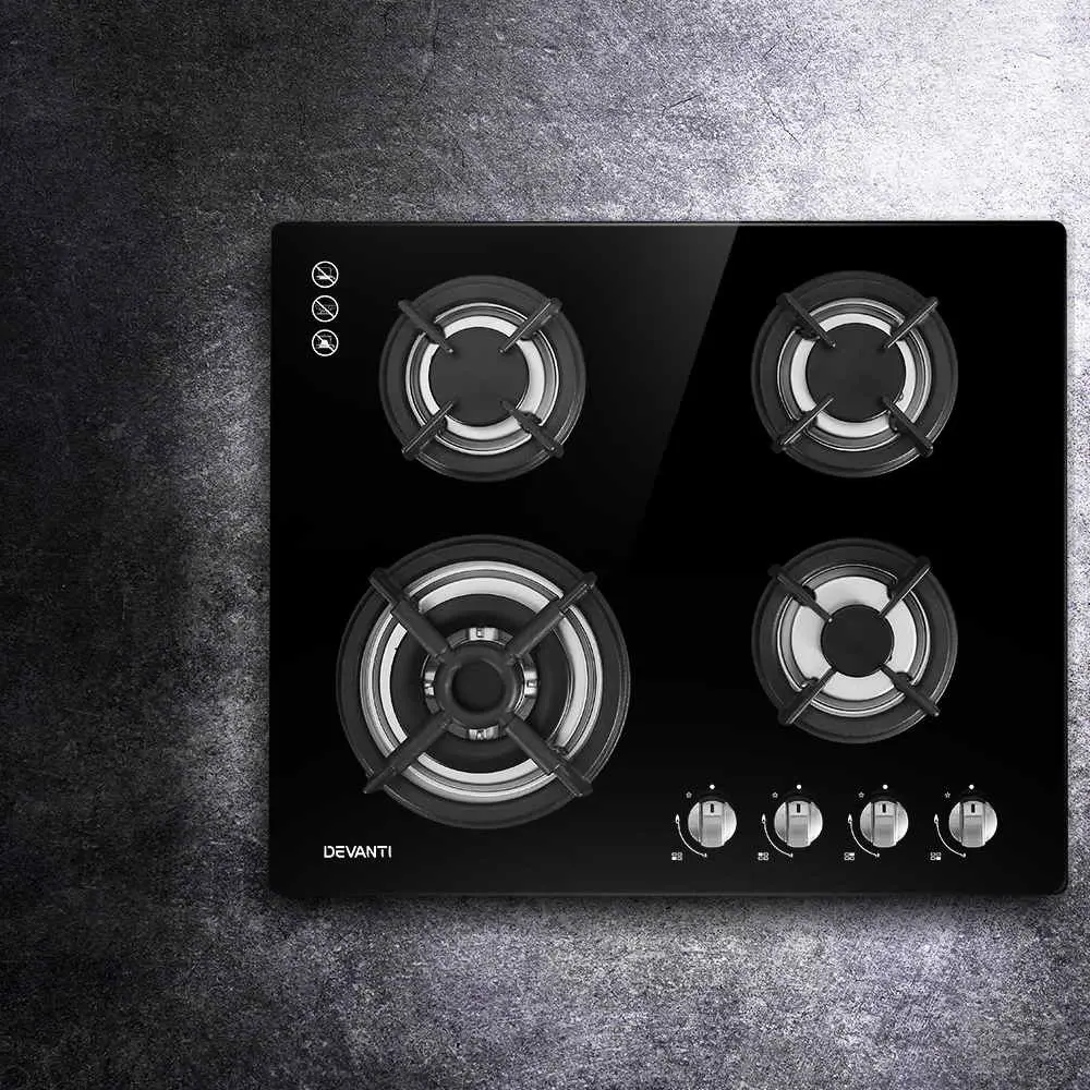 Devanti Gas Cooktop 60cm 4 Burner Black - Home & Garden