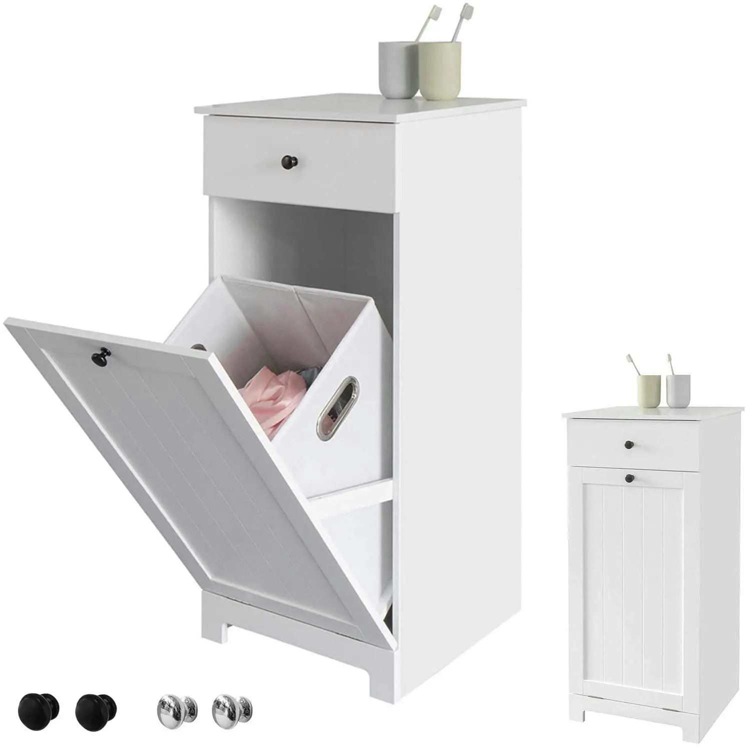 VIKUS White Bathroom Cabinet with Laundry Basket and Drawer - Home & Garden