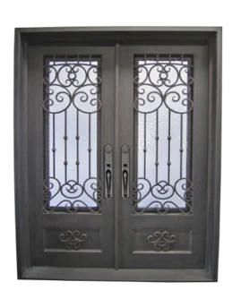 72 in x 96 in, 3/4 View, Wrought Iron, Celosa Double, Flemish + Low E, Square Top, Aged Bronze Patina, Inswing, Double Exterior Prehung Door, Left Hand, Aged Bronze Patina Hinges - Iron Envy