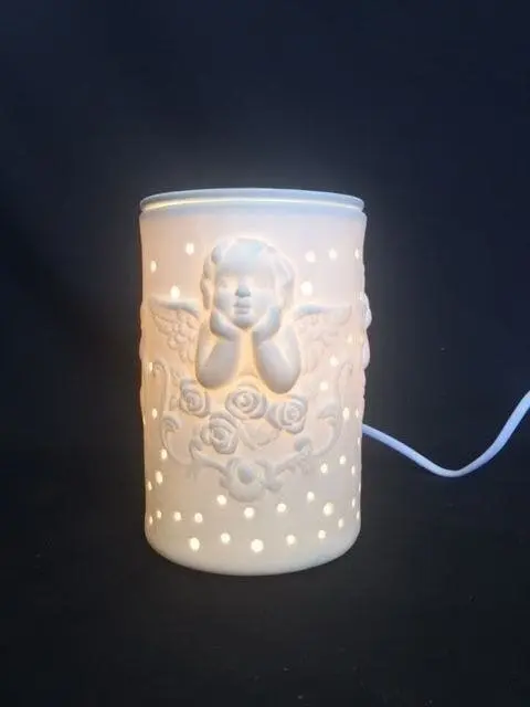 Fin White Ceramic Cherub W Rose Pattern Electric Oil Burner Lamp Free Wax & Globe - Home & Garden