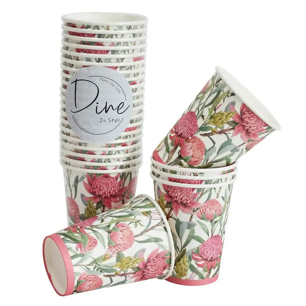60pc Round 11cm Disposable Paper Cup Dinner Party Drinkware Natives Floral Pink - Hobbies