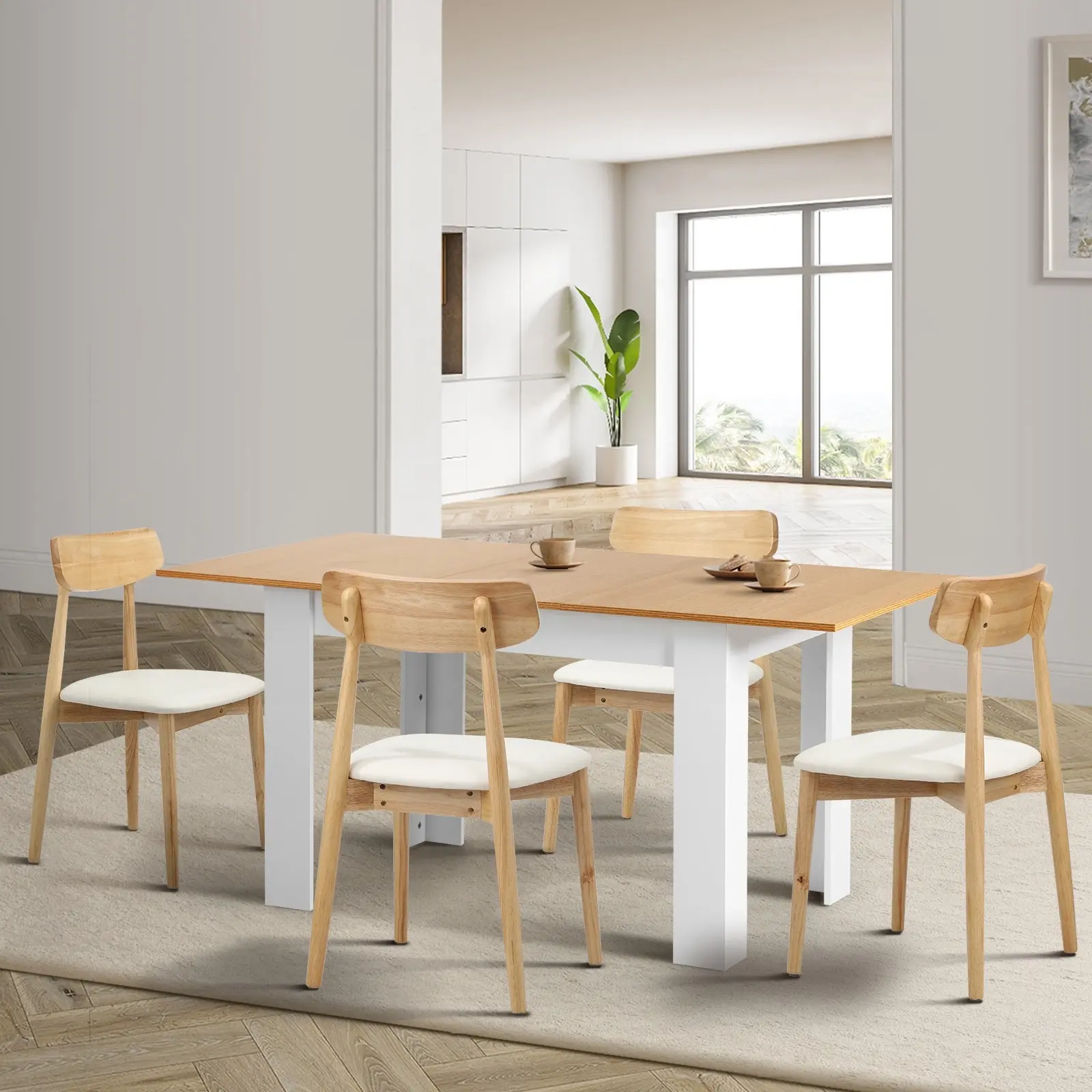Oikiture 160cm Extendable Dining Table with 4x Dining Chairs PU Leather White - Furniture