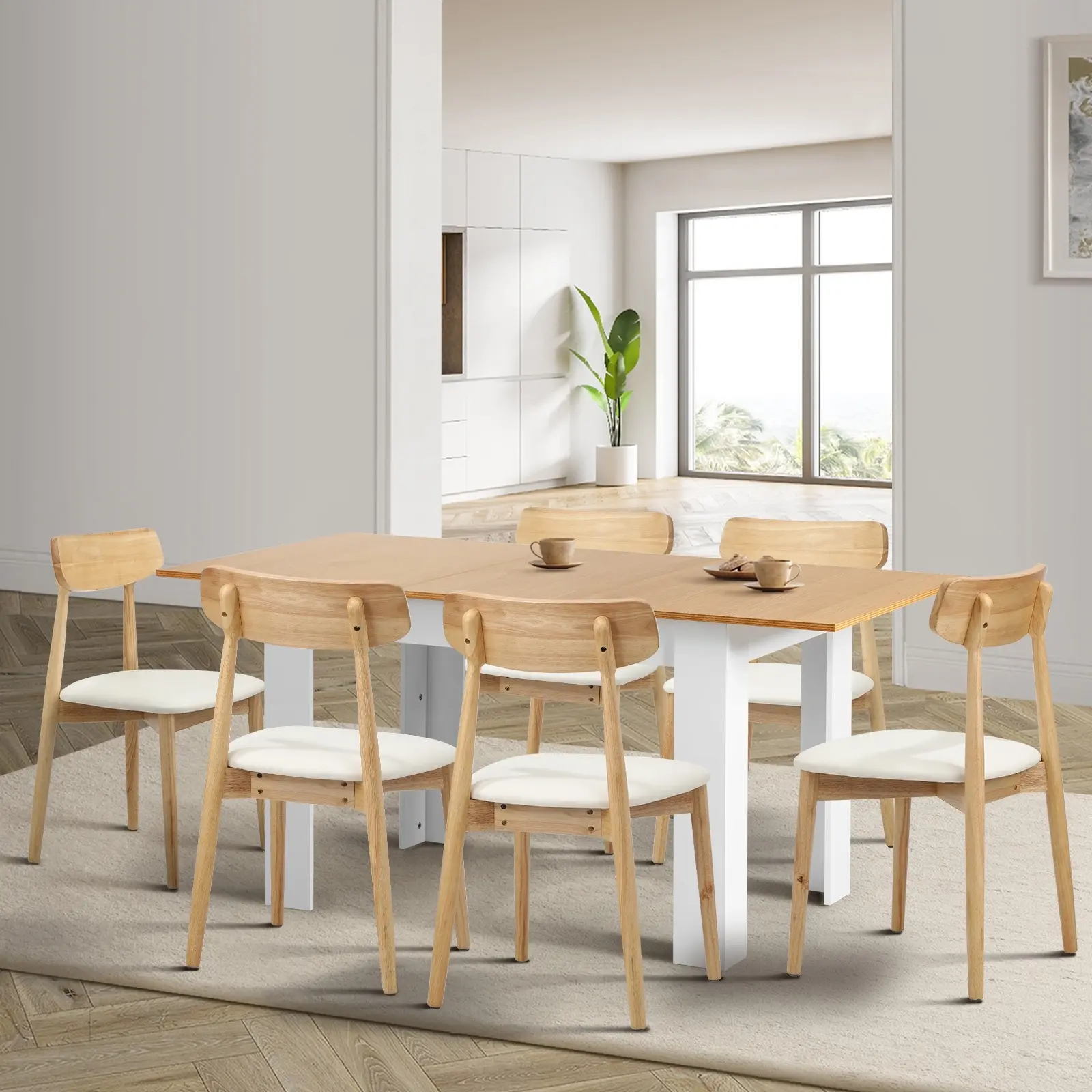 Oikiture 160cm Extendable Dining Table with 6x Dining Chairs PU Leather White - Furniture