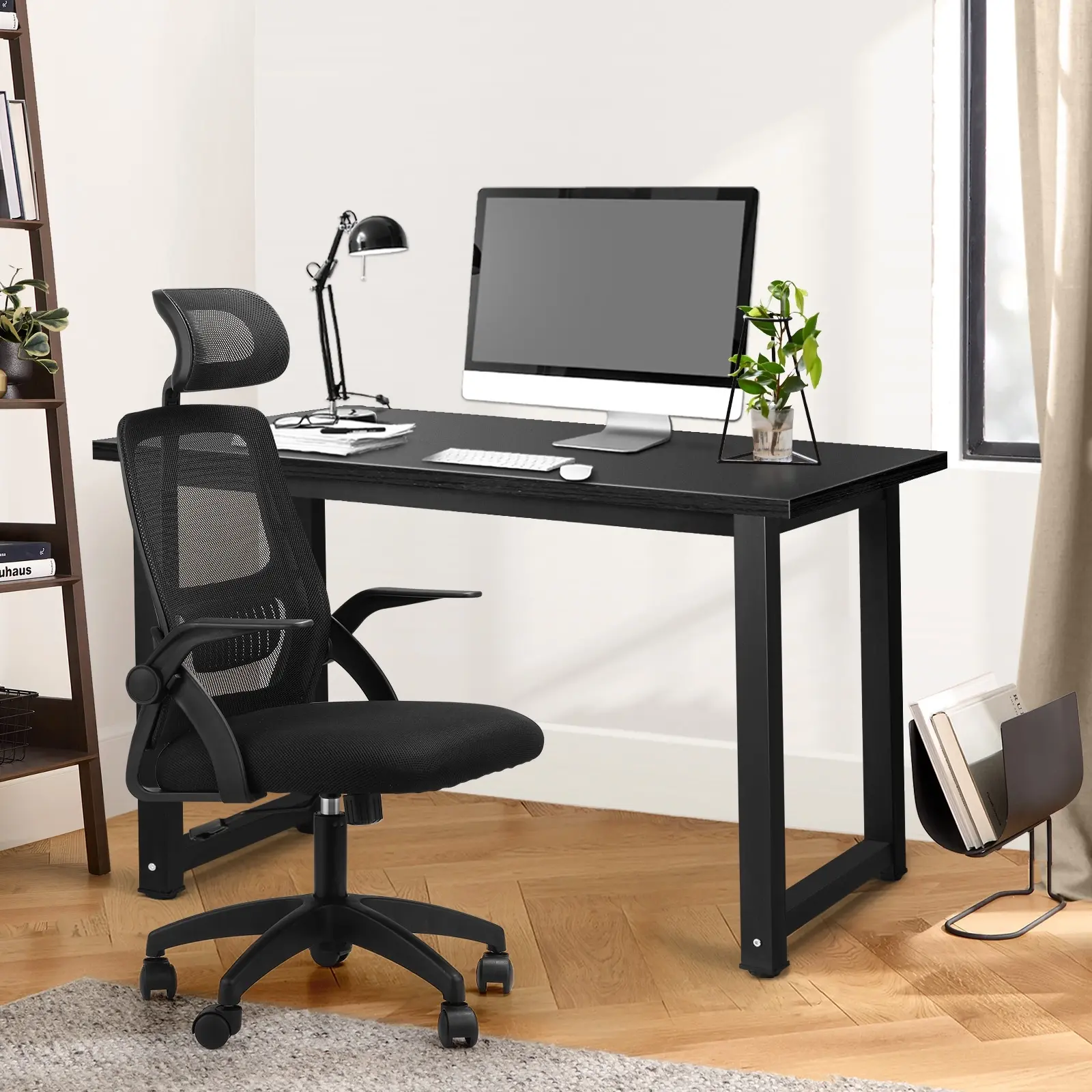 Oikiture Home Office Desk and Chair Set Computer Desk Mesh Office Chair Black - Furniture