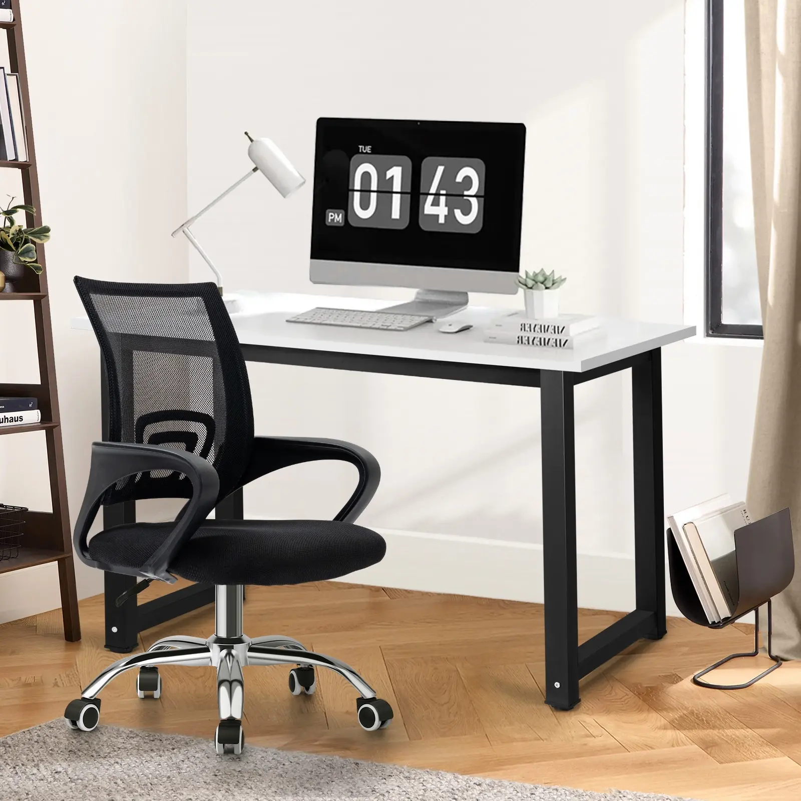 Oikiture Home Office Desk and Chair Set Black&White Computer Desk Mesh Office Chair - Furniture