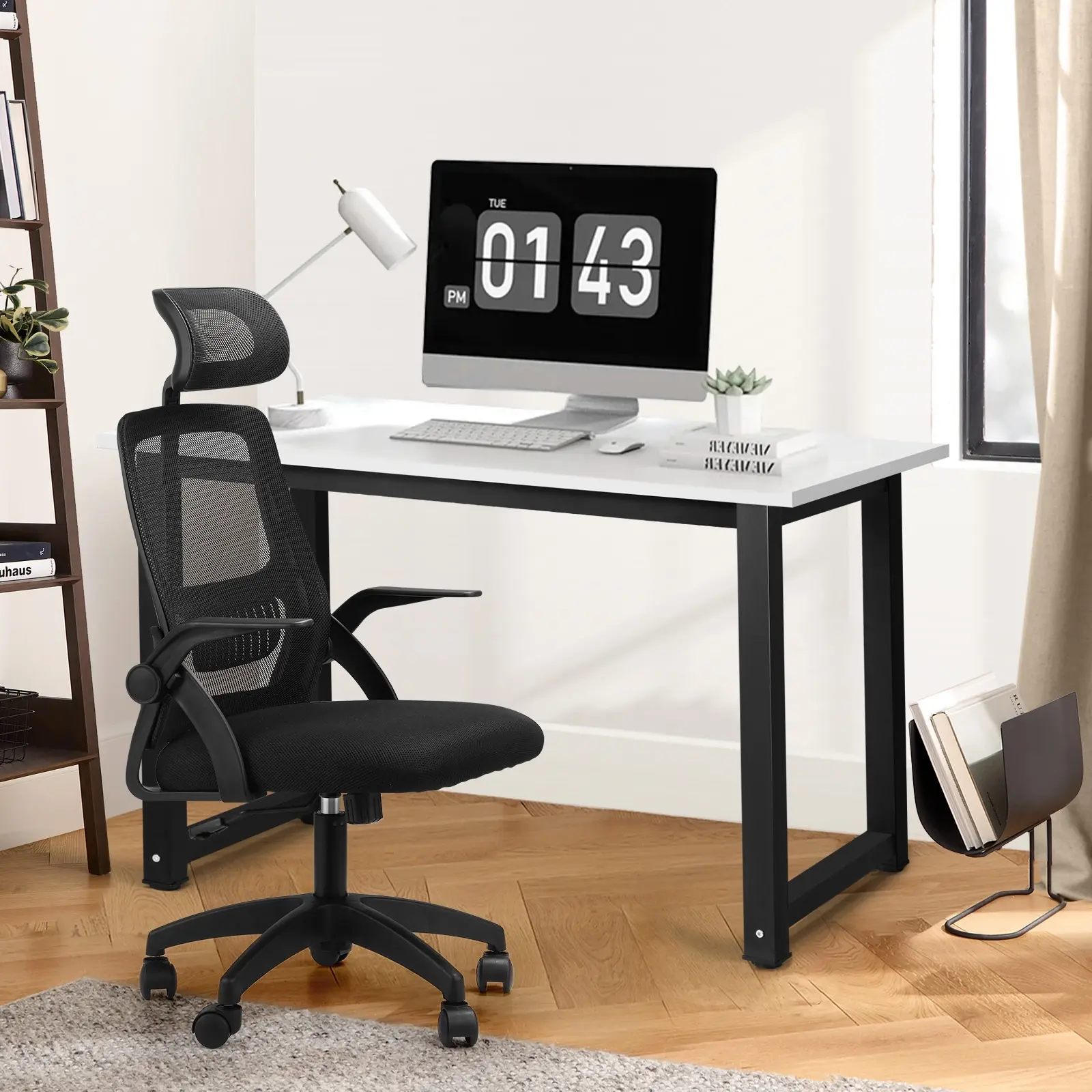 Oikiture Home Office Desk and Chair Set Computer Desk Mesh Office Chair Black&White - Furniture