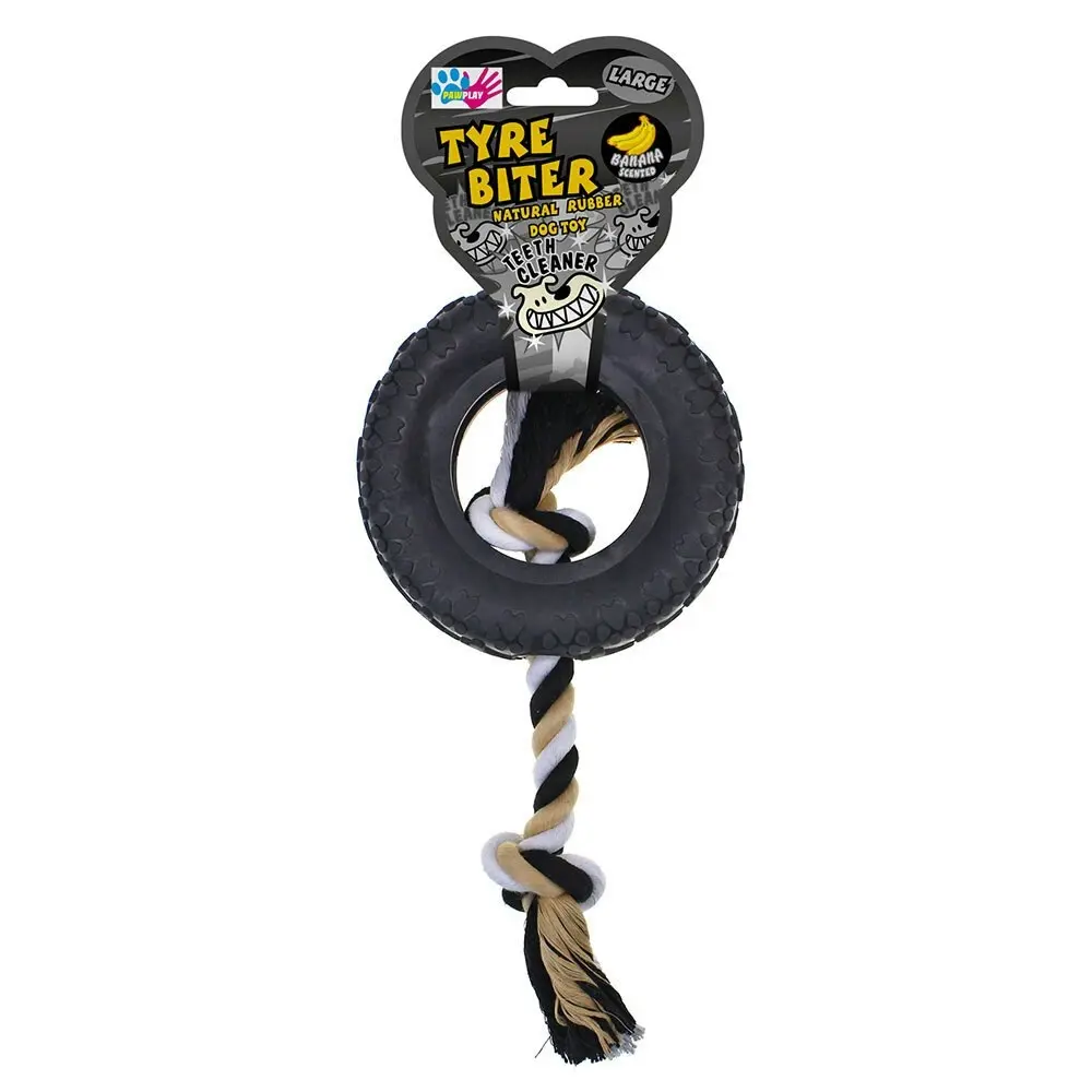 Paw Play 39cm Rubber/Rope Banana Scented Tyre Biter Pet/Dog/Cat Toy Large Black - Pets