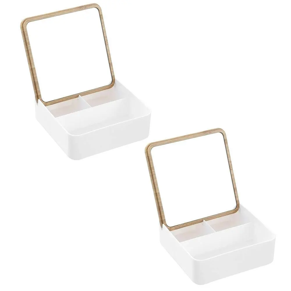2x Boxsweden Bano Square 14cm Organiser Storage w/ Mirror Bamboo Top Home Decor - Home & Garden