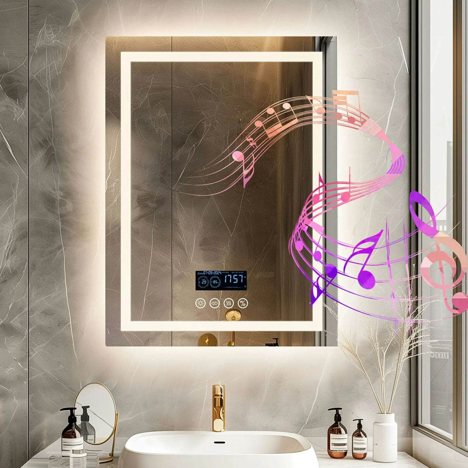 Fin Smart Led Lighted Bathroom Mirror With Bluetooth Speaker Anti-Fog Touch Buttons