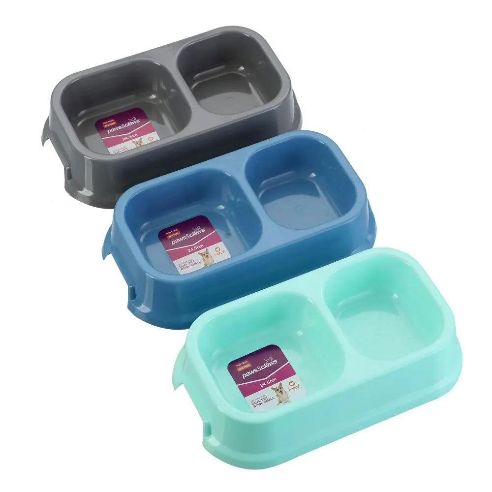 3x Paws & Claws 24.5cm Pet/Dogs Square Essentials Dual Bowl/Dishes/Feeders Asst. - Pets