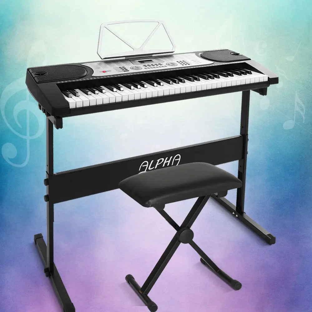 Alpha 61 Keys Electronic Piano Keyboard Digital Electric w/ Stand Stool Silver - Hobbies