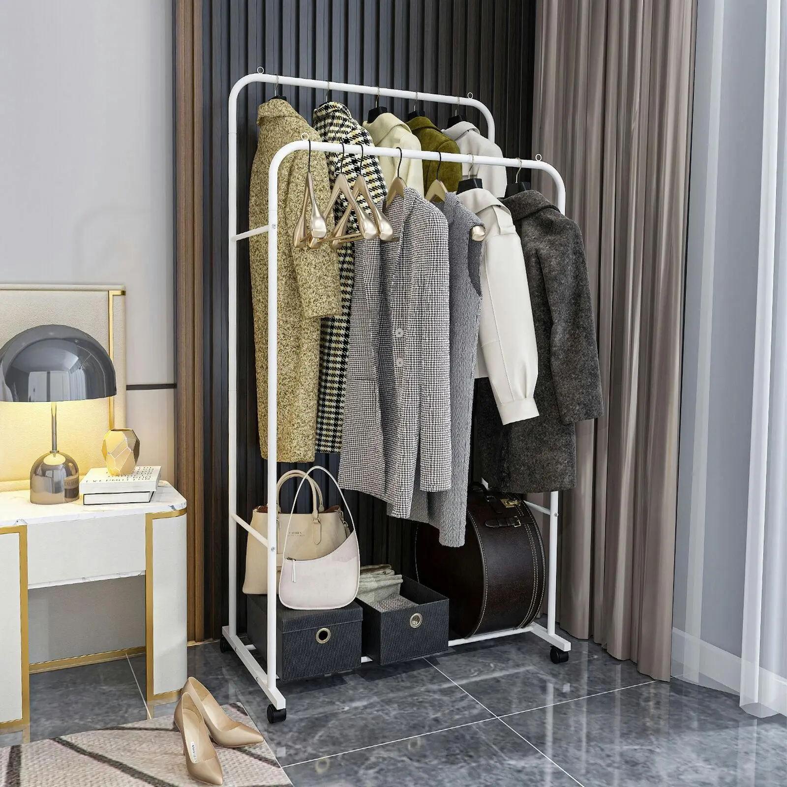 Fin Garment Rack Heavy Duty Hanger Double Rails Bedroom Clothing Rack Storage Shelf - Home & Garden