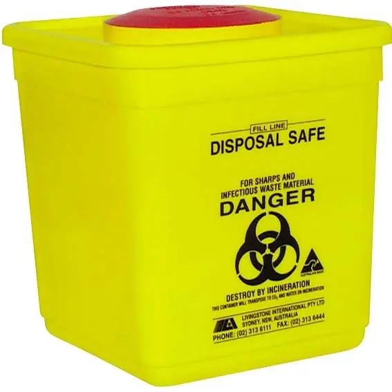 Livingstone Medical Waste and Sharps Collector, 4L Capacity to Fill Line, 4.75L Maximum Volume, with Lid and Finger Guard, Yellow, Each - Health