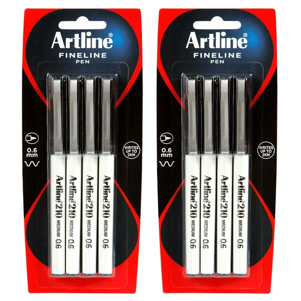 8pc Artline Fineline 210 Medium 0.6mm Line School Drawing Writing Pen Black - Back to School Specials