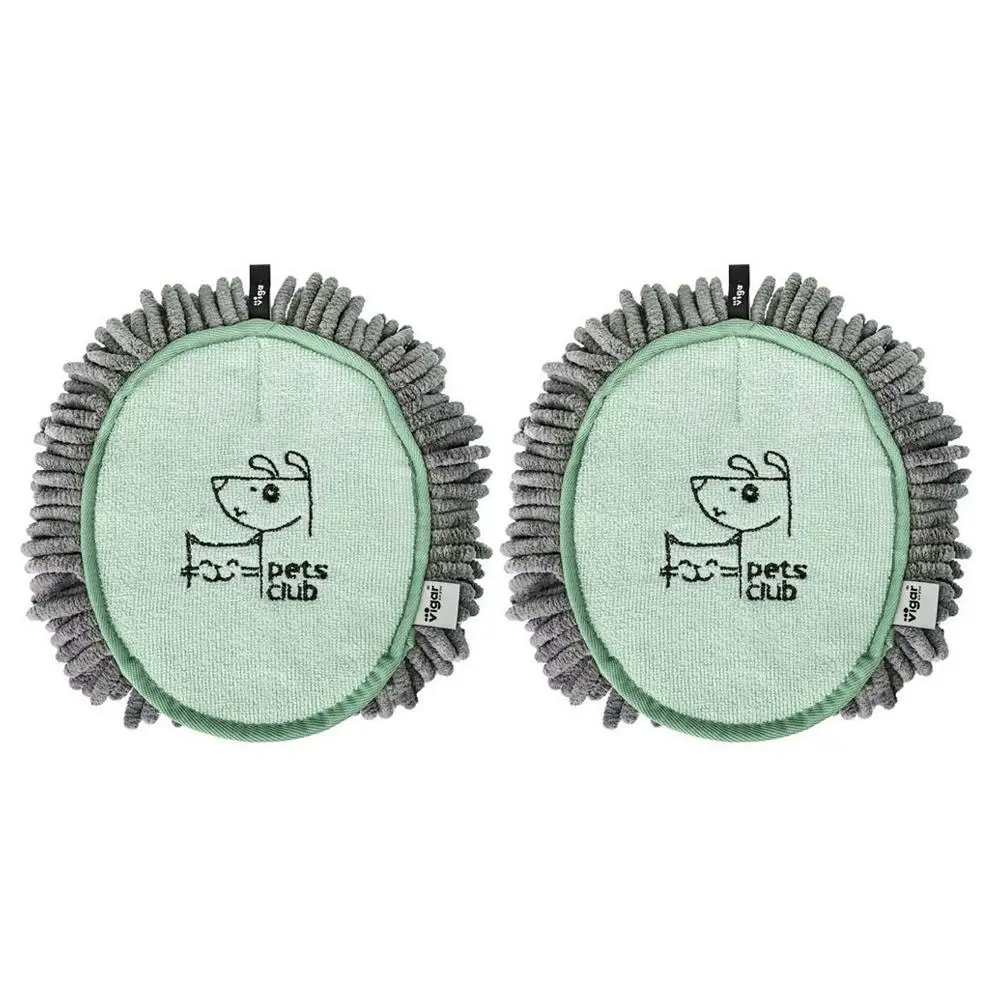 2x Vigar Pets Club Microfibre Cat/Dog Fur Coat Grooming Oval Mitt Green/Grey
