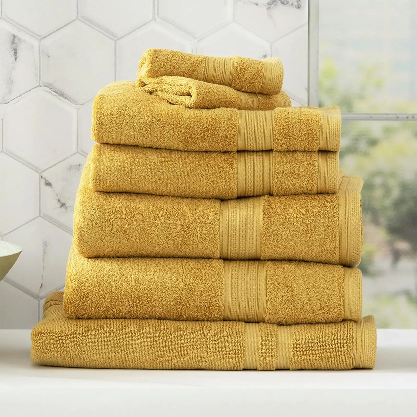 7pc Renee Taylor Stella Bath Towel/Mat Set Soft Bamboo Cotton 650 GSM Mustard - Home & Garden